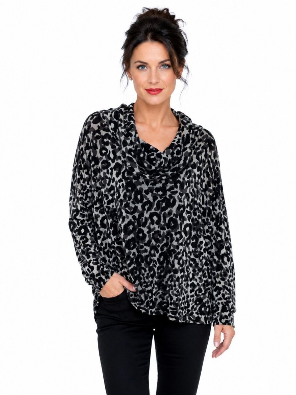 Ruby Rd Women's Leopard Print Cowl Neck Knit Top Gray Black Size XL